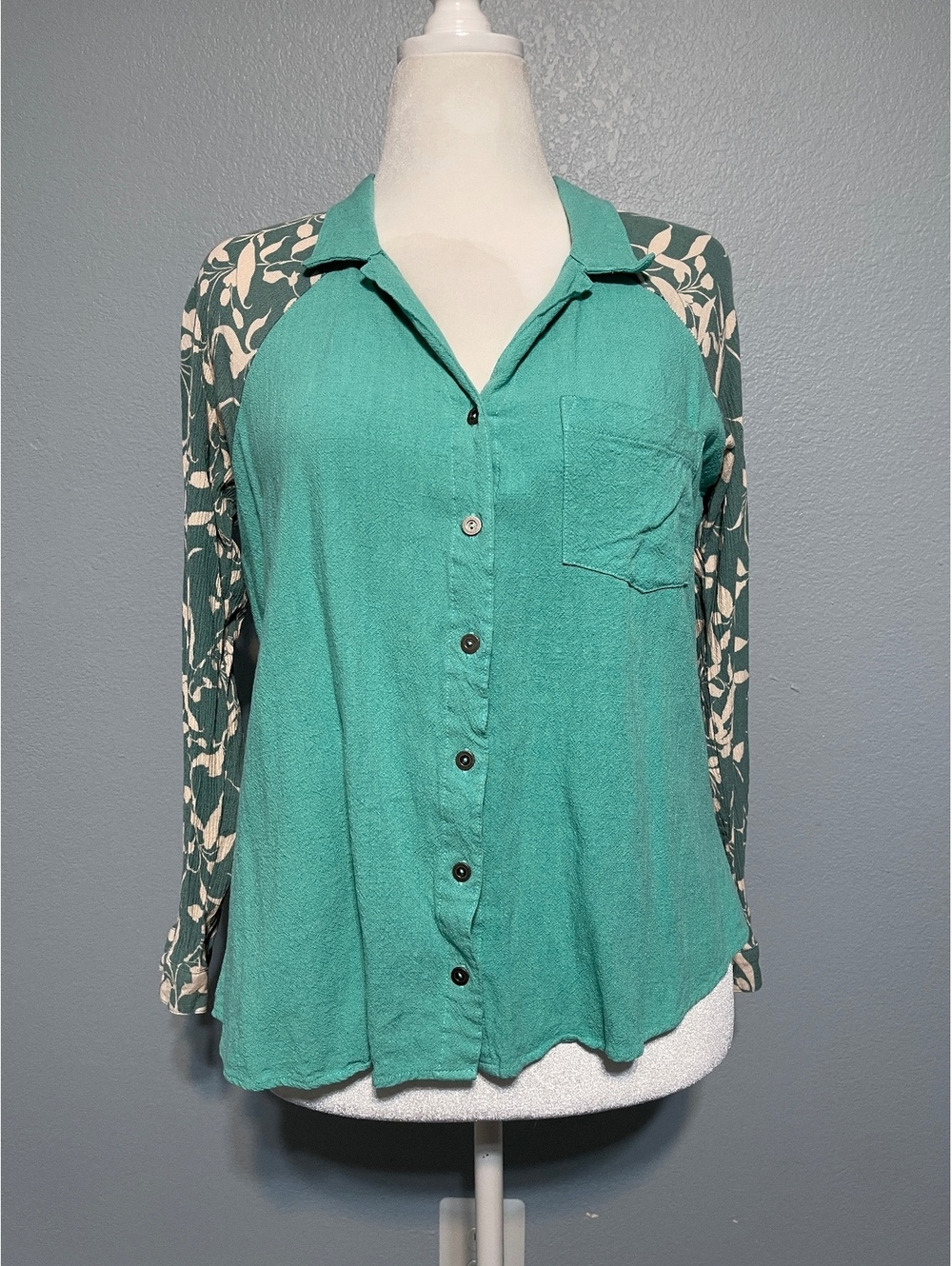 Umgee Turquoise Linen Blend Button Down Tunic Floral Paisley Lagenlook Large - Picture 3 of 8